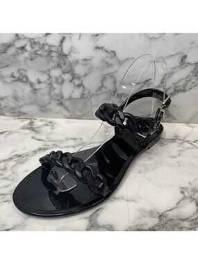 GIVENCHY Glossy Black Rubber Chain Link Flat Slingback Sandals SHW - US 8